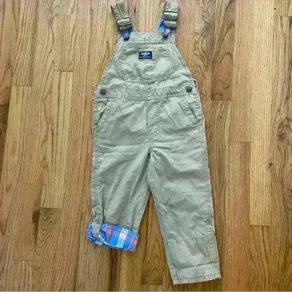 Toddler Lightweight Canvas Overalls Size 3T Adjustable Cuffs Khaki Plaid Cuffs - Picture 2 of 8